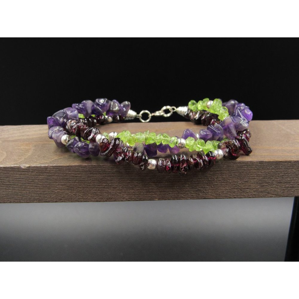 8" Sterling Silver Three String Amethyst Peridot Garnet Bracelet Vintage Wedding